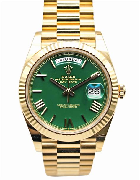 rolex day date 40 yellow gold green dial|rolex day date 40mm price.